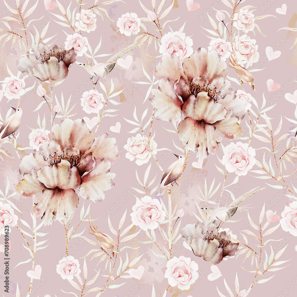 Watercolor seamless pattern with beautiful flowers of peony, roses, leaves.