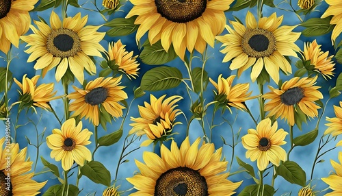 seamless floral pattern with sunflowers wildflowers bumblebees vintage botanical wallpaper hand drawing 3d illustration summer blooming flowers luxury design for wallpaper textile clothing #708989604
