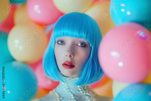 futuristic sci-fi blue wig woman with the appearance of a porcelain-like doll or robot, colorful balls in a retro vintage avant-garde style