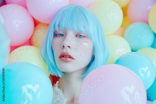 futuristic sci-fi blue wig woman with the appearance of a porcelain-like doll or robot, colorful balls in a retro vintage avant-garde style