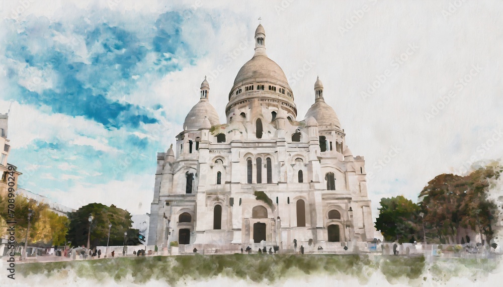 beautiful digital watercolor painting of the sacre coeur in paris france