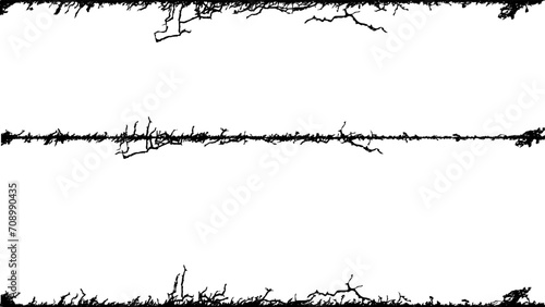 frame of grass and flowers, a black and white vector of a wire fence tree with branches, grunge effect, barrier borders spiky wire edging fence obstacle restriction forces