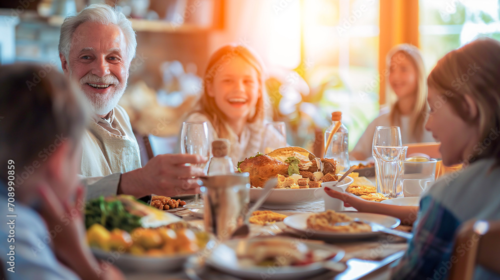 Happy family chatting while eating dinner in the dining room..Celebrated on Easter, Celebrate on Christmas Day,. Happy family chatting while eating dinner in the dining room..Celebrated on Easter, Celebrate on Christmas Day,.