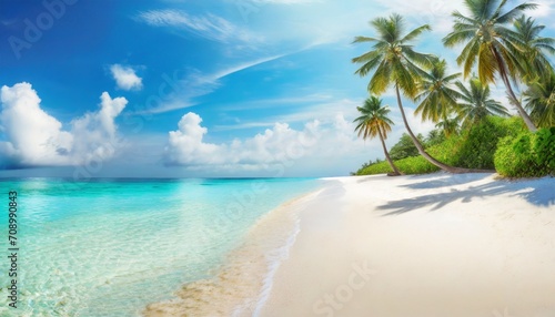 beautiful tropical beach sea waves white sand palm trees turquoise ocean against sunny blue sky clouds happy summer day perfect landscape background for relaxing vacation amazing maldives travel
