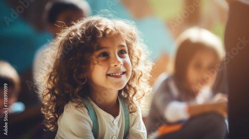 A cheerful child with curly hair smiling brightly in a sunlit classroom, capturing a moment of joyful learning.