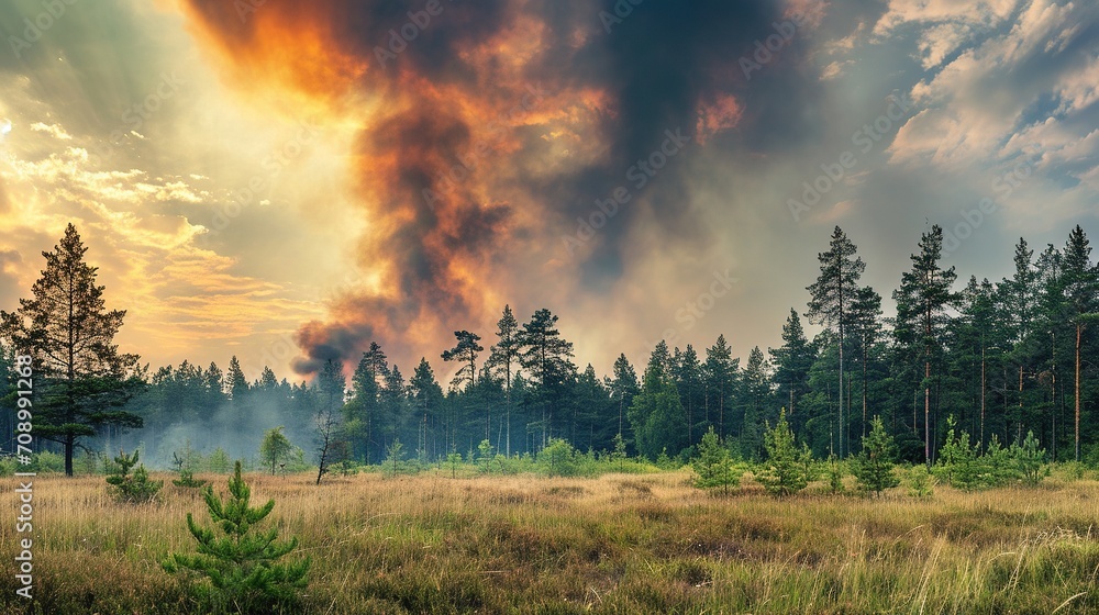 Countryside forest with cloudy sky covered by fire smoke during the evening