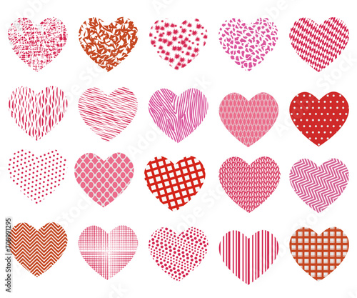 Set of different pattern heart icons for Valentine s day. Vector illustration.