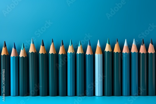 Array of finely sharpened graphite pencils on a baby blue backdrop  creating a classic and timeless composition with space for artistic annotations