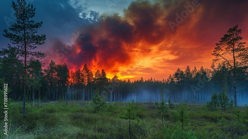Countryside forest with cloudy sky covered by fire smoke during the evening © HM Design