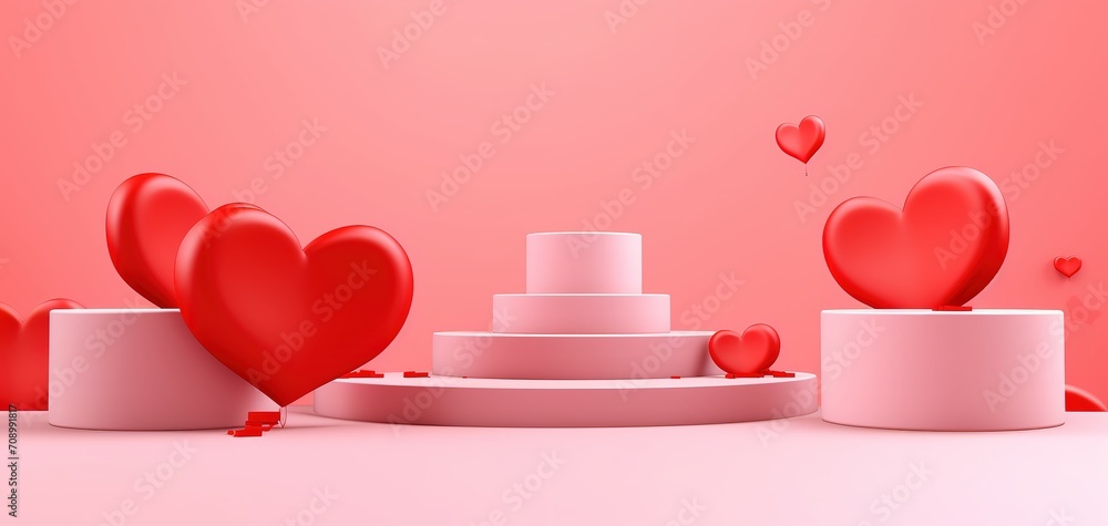 Pink podium with red heart on pastel background. Love red heart with podium background.