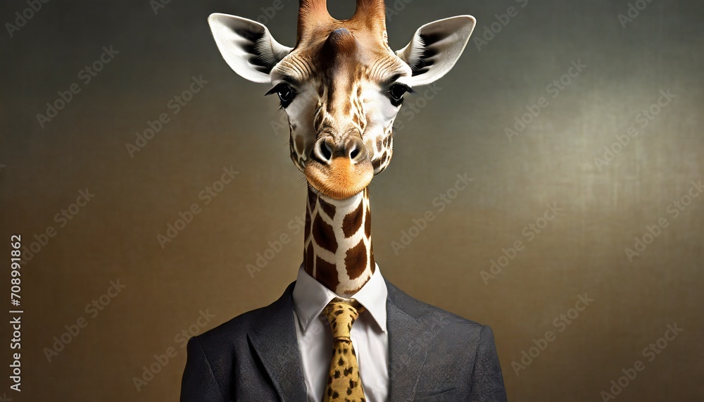 giraffe dressed in an elegant suit with a nice tie confident and classy fashion portrait of an anthropomorphic animal posing with a charismatic human attitude