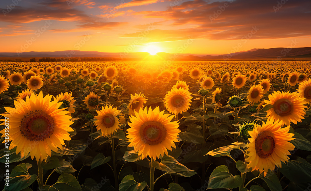 Sunflowers in the field with sun shining over them, in the style of repetitive, photo-realistic landscapes

