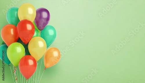 festive banner with balloons on green blank background party decoration with copy space area panoramic holiday background