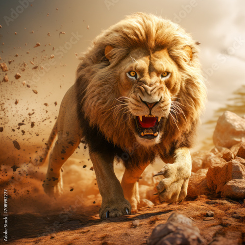 A lion king in sands ready to attack