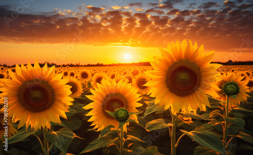 Sunflowers in the field with sun shining over them  in the style of repetitive  photo-realistic landscapes  