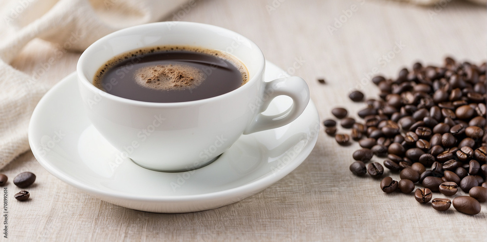 Obraz premium serving a cup of coffee and a bag of coffee beans on the table 7