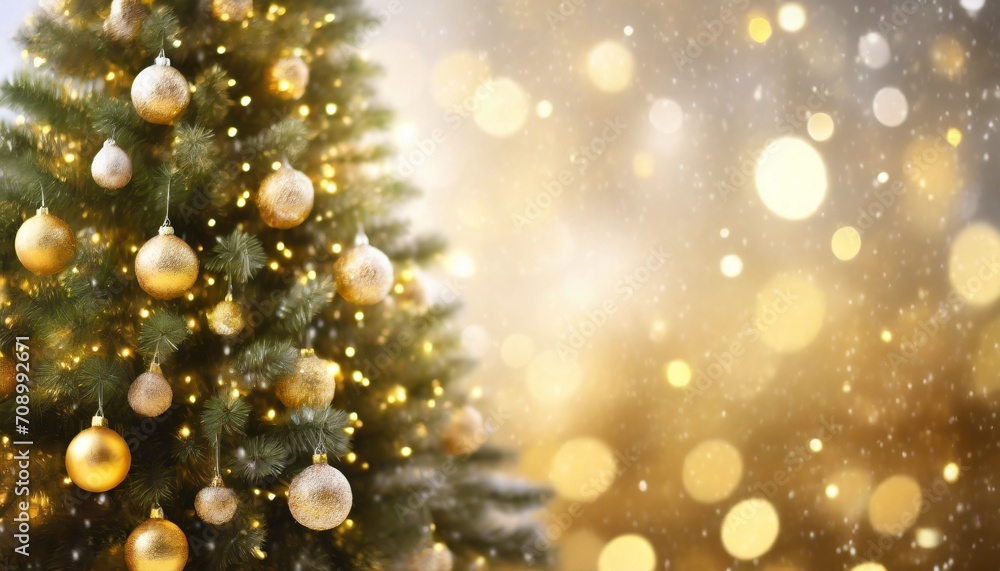 merry christmas and happy new year festive bright beautiful background decorated christmas tree on blurred background de focused lights gold bokeh