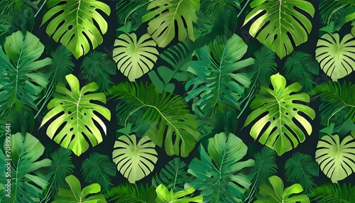 green seamless tropical wallpaper pattern with tropical leaves of monstera palm banana dark plant background great for fabric wallpaper paper design © Richard