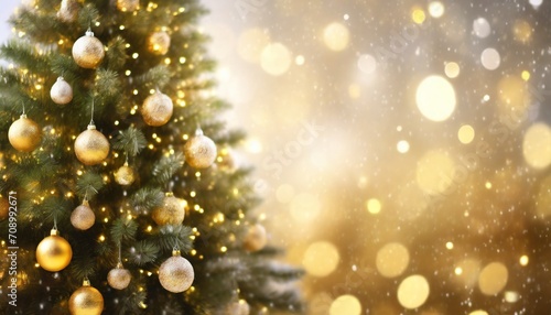 merry christmas and happy new year festive bright beautiful background decorated christmas tree on blurred background de focused lights gold bokeh © Richard