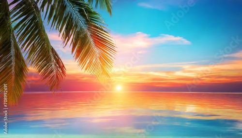 beautiful sea sunset landscape ocean sunrise tropical island beach dawn palm tree leaves silhouette blue water colorful red pink orange yellow sky clouds sun reflection summer holidays vacation #708992691
