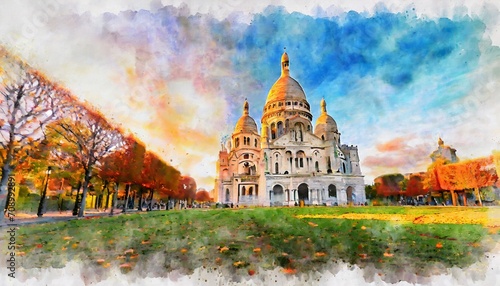фотография beautiful digital watercolor painting of the sacre coeur basilica at sunset in p