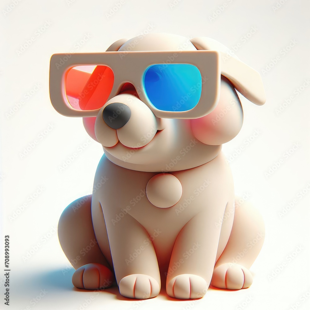 Naklejka premium Adorable Cartoon Dog in 3D Glasses with Red and Blue Lenses. 3D Cartoon Clay Illustration on a light background.