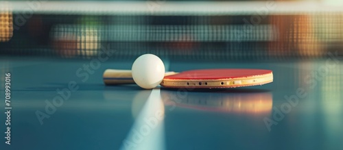 Before the rapid exchange in table tennis, the bat and ball are in anticipation, placed on the table's edge.