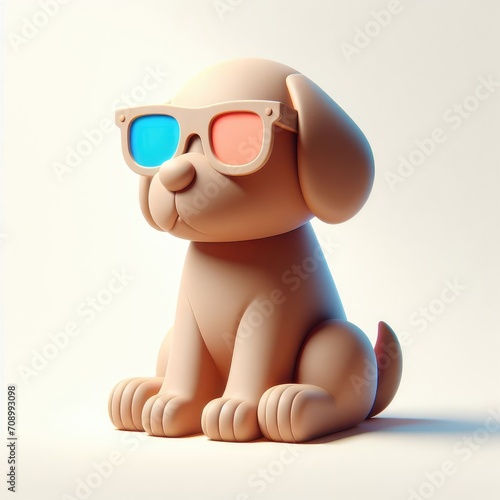 Adorable Cartoon Dog in 3D Glasses with Red and Blue Lenses. 3D Cartoon Clay Illustration on a light background.