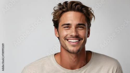 a professional portrait studio photo of a handsome young white american man model with perfect clean teeth laughing