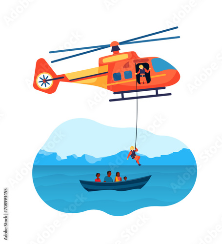 Cartoon Color Rescue Helicopter and Boat Refugees Mission Rescue at Sea or Flood Concept Flat Design Style. Vector illustration