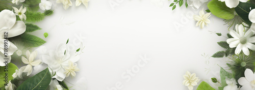 Flower border frame free mockup images for commercial use  in the style of light gray and green  aerial view  abstract minimalism appreciator  white background  double exposure  leaf patterns  3840x21