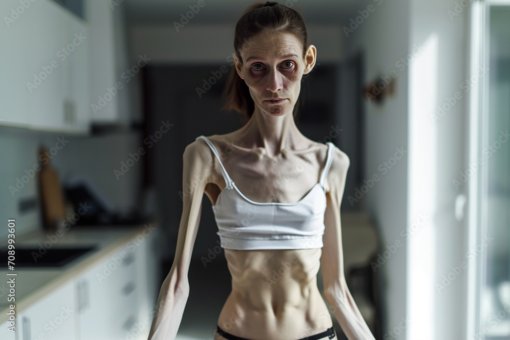 Woman with an eating disorder, anorexia nervosa, in kitchen Woman with an eating disorder, anorexia nervosa, in kitchen