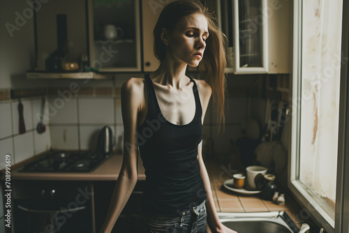 Woman with an eating disorder, anorexia nervosa, in kitchen 