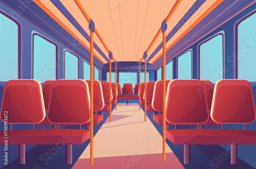 Cartoon Color Empty School Bus with Passenger Seats Interior Inside Scene Concept Flat Design Style. Vector illustration