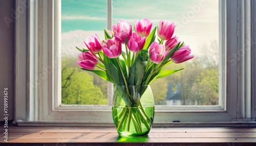 beautiful fresh pink tulips bouquet in green glass vase against balcony window