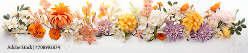 An arrangement of colorful flowers  some of them falling down  in the style of panoramic scale  minimalist purity  decorative borders  focus stacking  dansaekhwa  light orange and white  white backgro