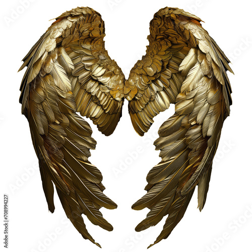 Pair of gold anel wings and feathers isolated on transparent background