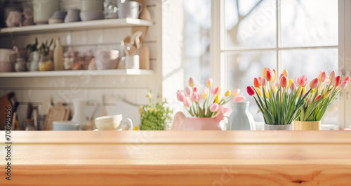 Light empty board against the background of a blurred light spring kitchen with tulips in a Scandinavian style.Ready for product montage.Easter time.Mockup. Banner photo