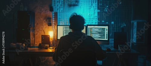 Late at night, a computer hacker expertly enters code, bypassing cyber security, and steals information in a corporate office. photo
