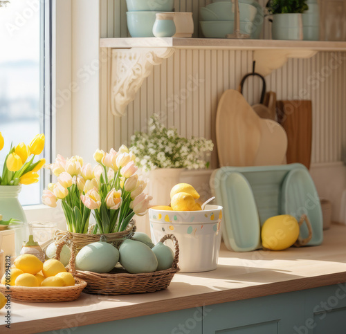 Colored Easter eggs, a vase with tulips on the table against the background of a beautiful light kitchen in Scandinavian style. Easter background, card, wallpaper © syhin_stas
