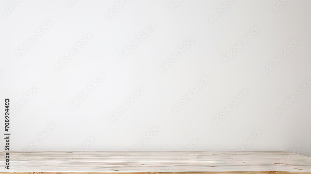 Empty wooden white table on white wall background, product display montage. Mock up for display of product.