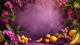 Plum Paradise: A Rich Plum Background with Blossoming Orchids and Tropical Fruits, Symbolizing Abundance