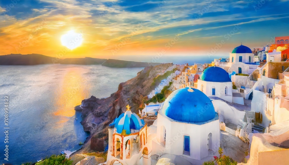 fantastic mediterranean santorini island greece amazing romantic sunrise in oia background morning light amazing sunset view with white houses blue domes panoramic travel landscape lovers island