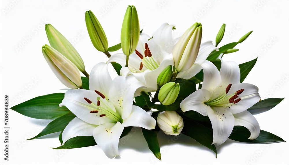 white lily flowers and buds with green leaves on white background isolated close up lilies bunch elegant lilly bouquet lillies floral pattern holiday greeting card or wedding invitation design - obrazy, fototapety, plakaty 
