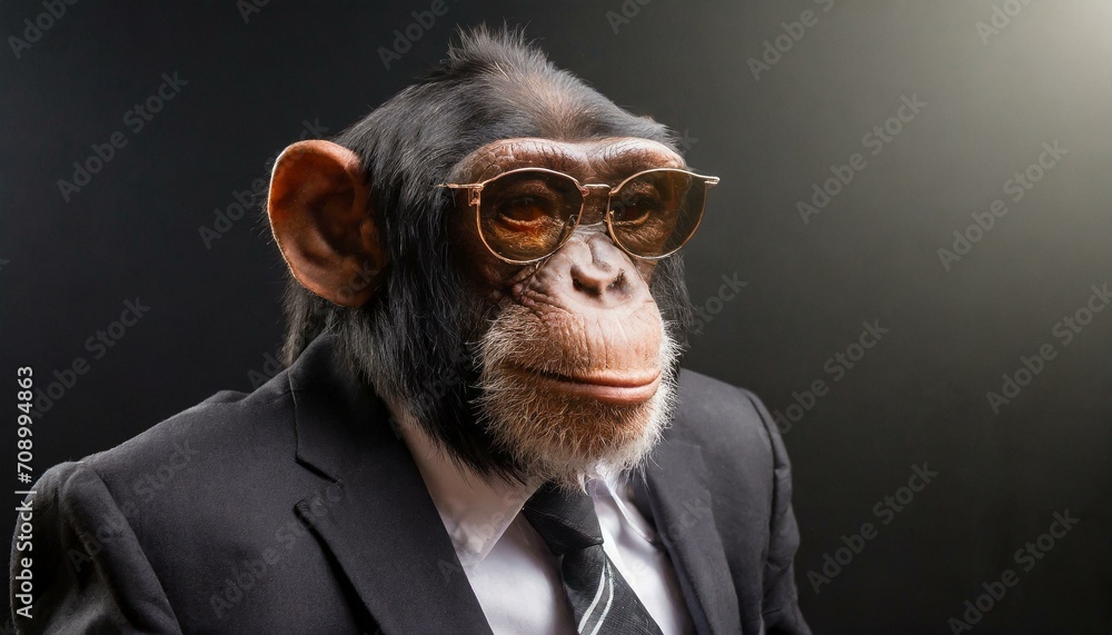 chimp with sunglasses in fine business suit, black background chimp with sunglasses in fine business suit, black background
