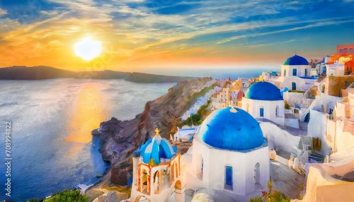 fantastic mediterranean santorini island greece amazing romantic sunrise in oia background morning light amazing sunset view with white houses blue domes panoramic travel landscape lovers island