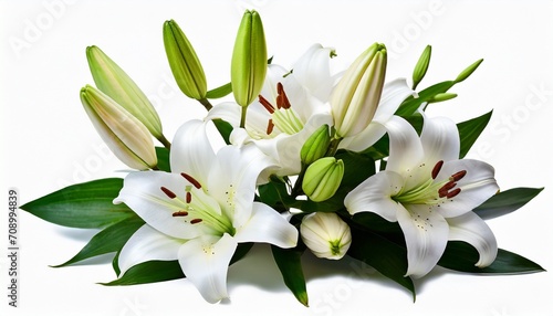 Fotografia white lily flowers and buds with green leaves on white background isolated close