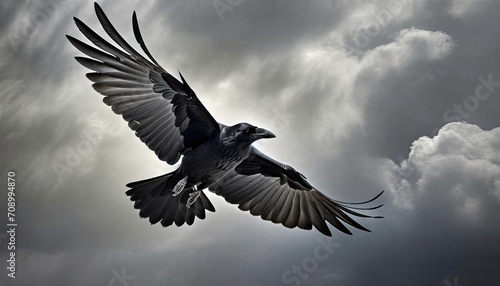 flying raven against the background of a gray cloudy sky photo