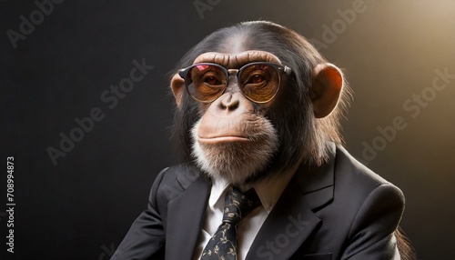 chimp with sunglasses in fine business suit, black background  © creativemariolorek