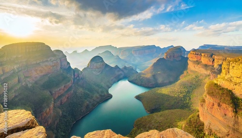 blyde river canyon blue lake three rondavels and god s window drakensberg mountains national park panorana on beautiful sunset light background top view south africa mpumalanga province